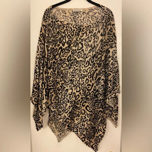White + Warren Leopard Cashmere Poncho Cream and Black One Size